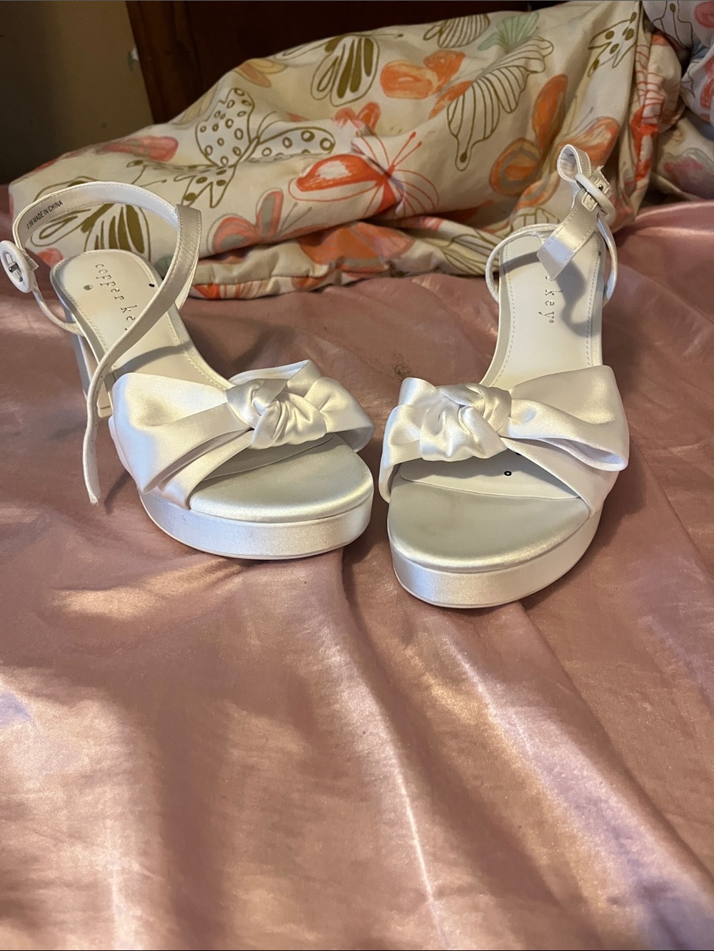 Copper Key White Satin Knotted Bow Platform Heels